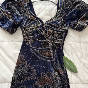 Elegant  Velvet Navy Blue Floral Dress